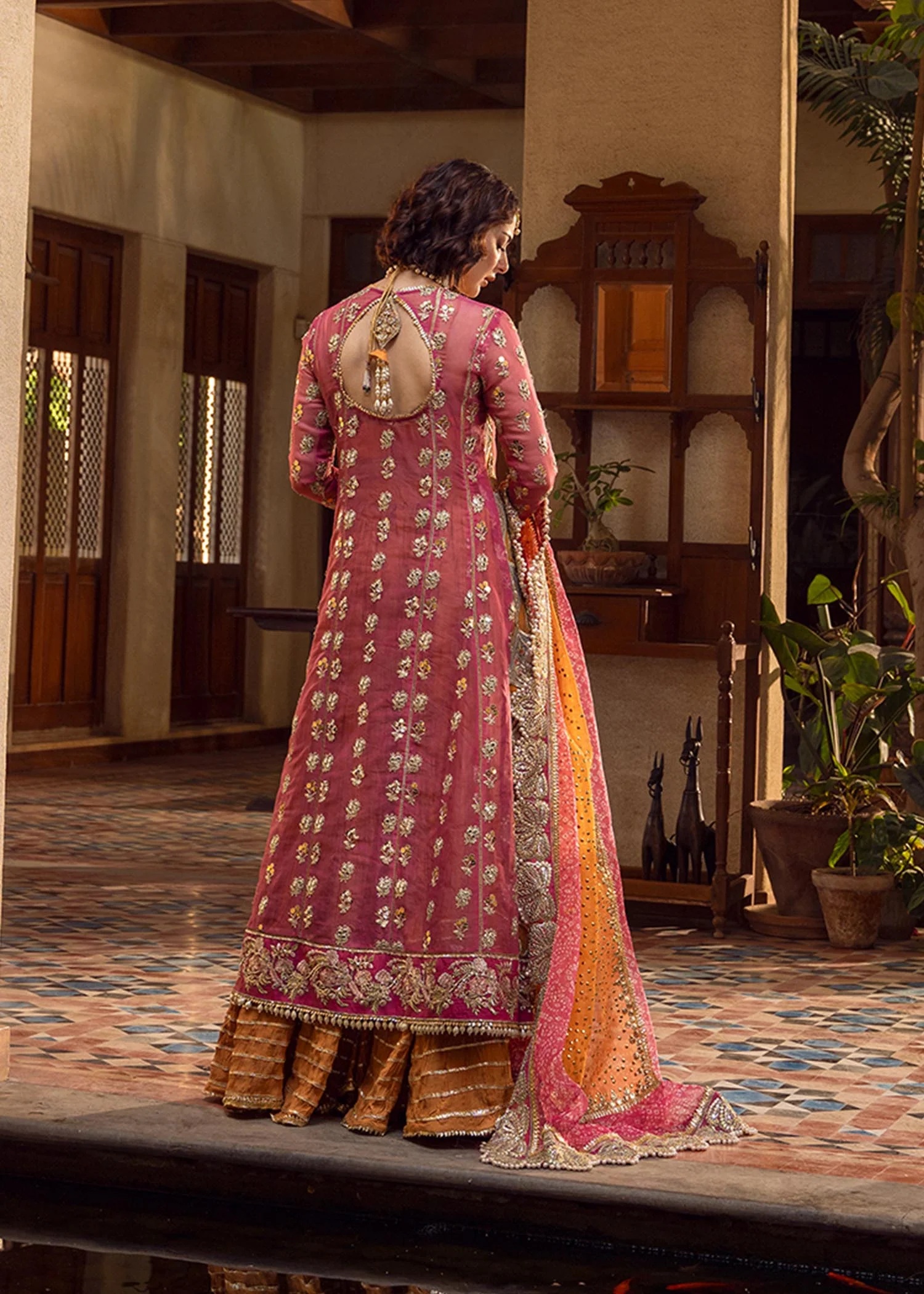 Mehndi Galore pakistani fashion outfit in gold, mustard, orange, pink…